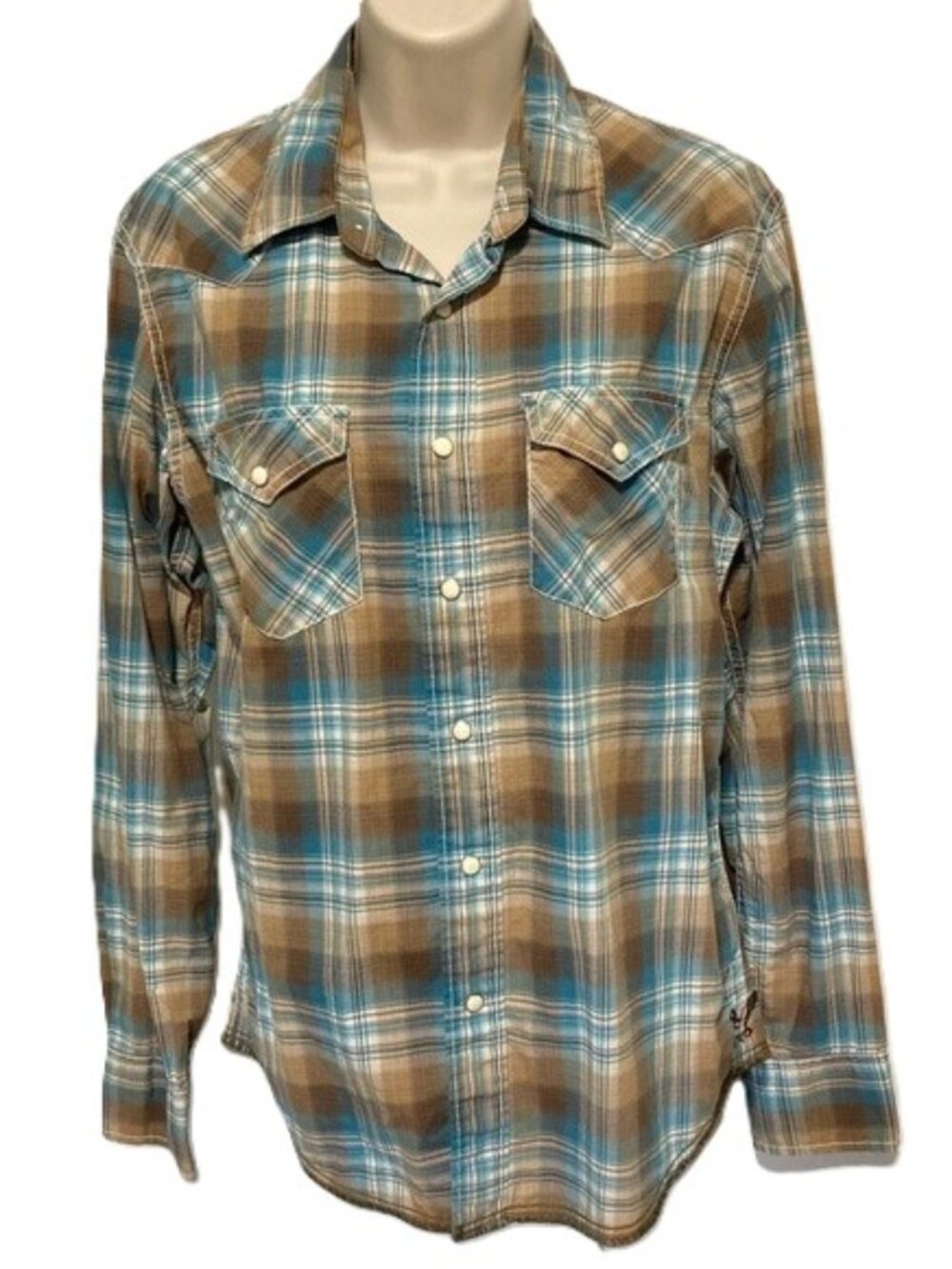 AMERICAN EAGLE OUTFITTERS Western Plaid Pearl Snap Beige Blue White Small Petite